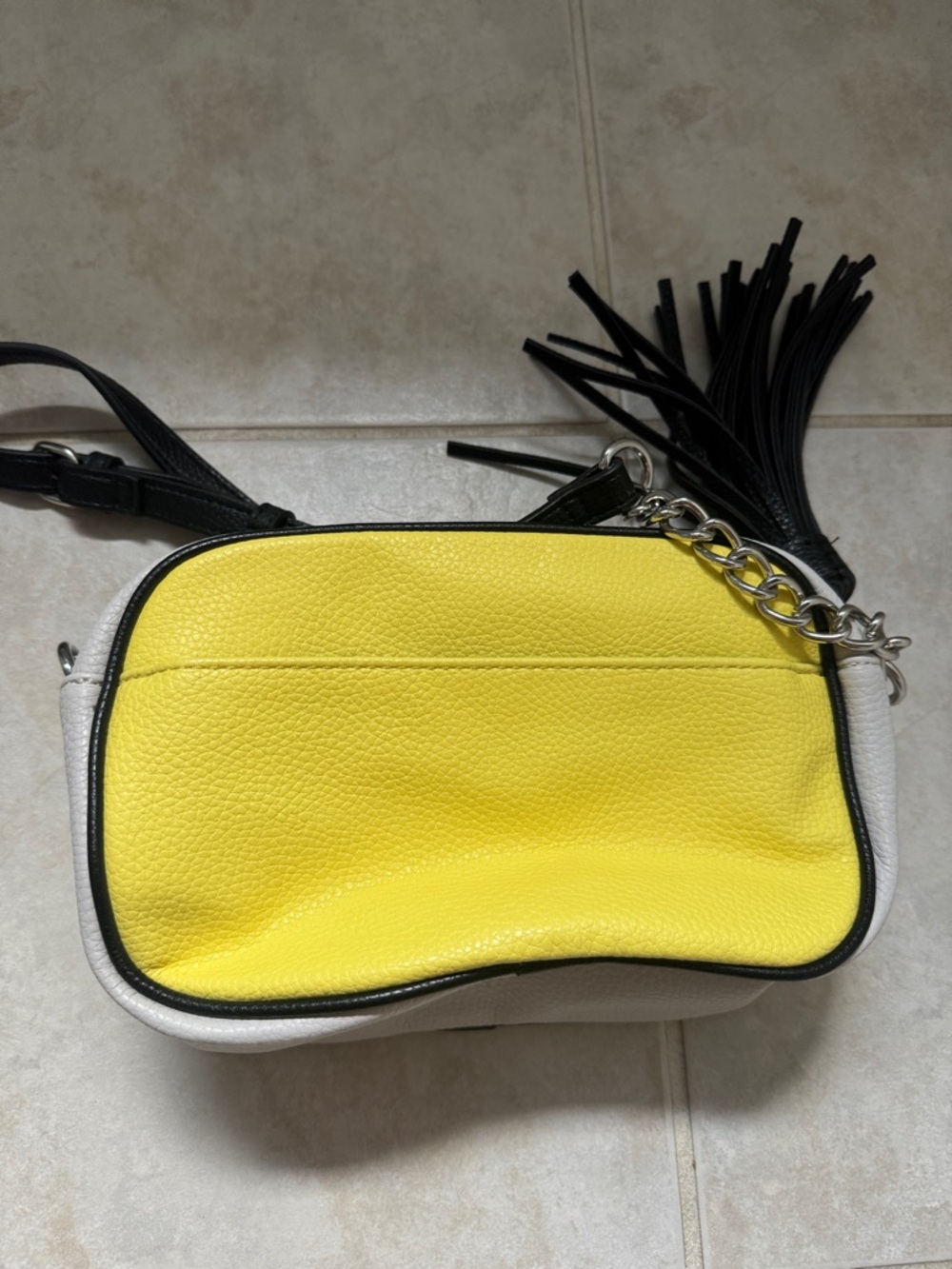 Tahari Yellow and White Crossbody Bag with Black Trim and Tassel - Picture 3 of 6